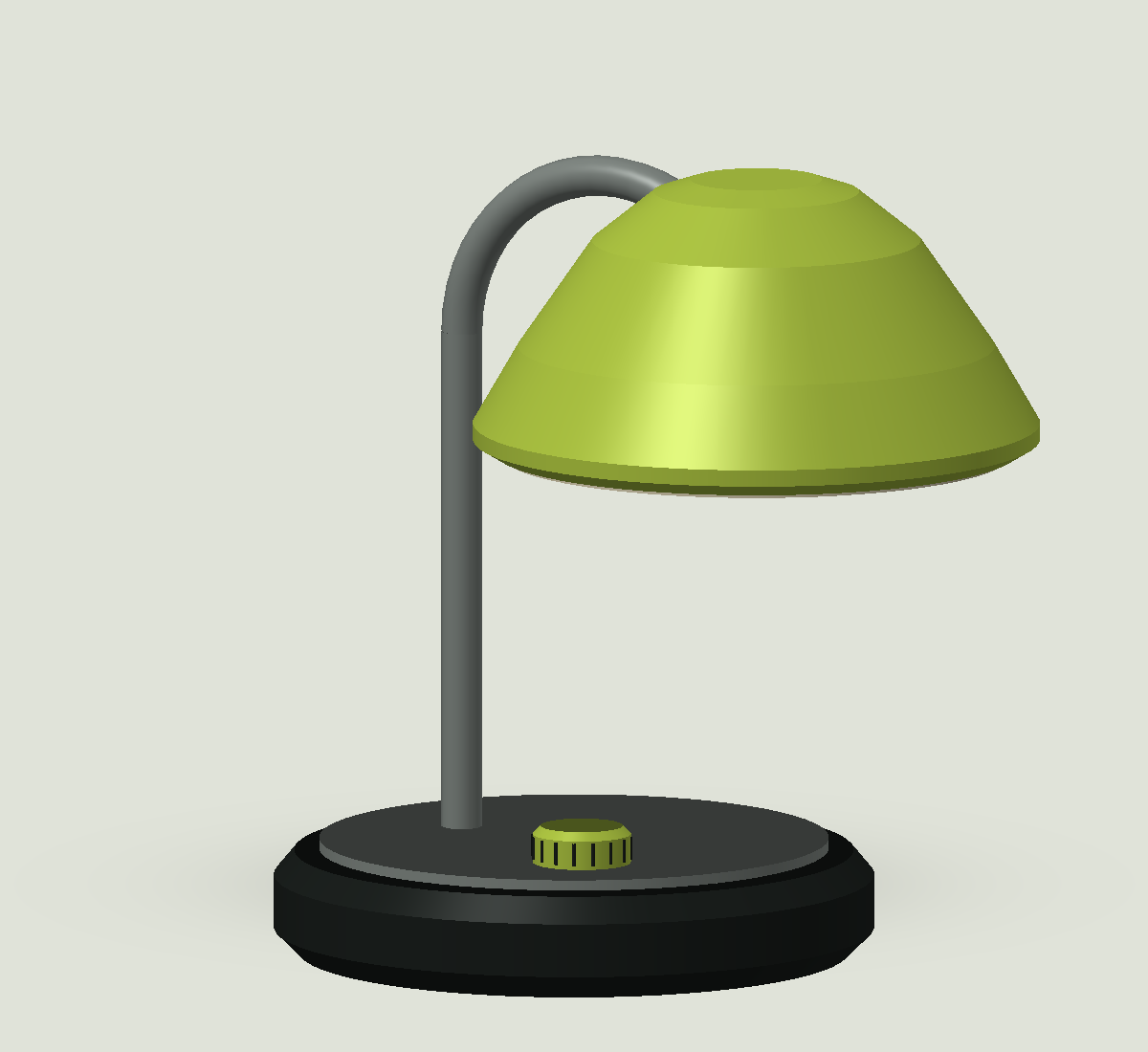 Limoengroene tafellamp met gebogen metalen arm en ronde grafietkleurige voet.