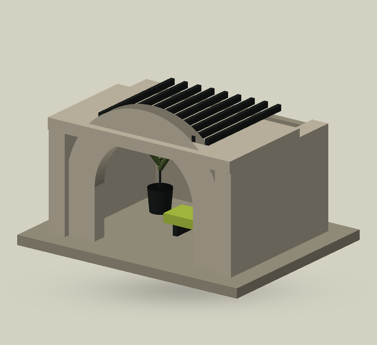 Isometrische ruimtestudie van een zandkleurig paviljoen met boog, balken en een groene zitbank.
